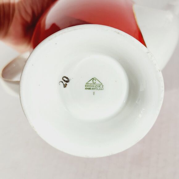 Chodziez Footed Coffee Teapot Red MCM Vtg Poland Ceramic Retro Tall Gold Trim - Picture 13 of 15